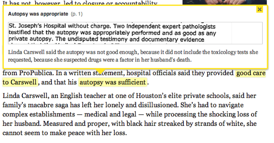 Explore Sources shows the source document as a pop-up window when a reader clicks on a highlighted passage in the story.