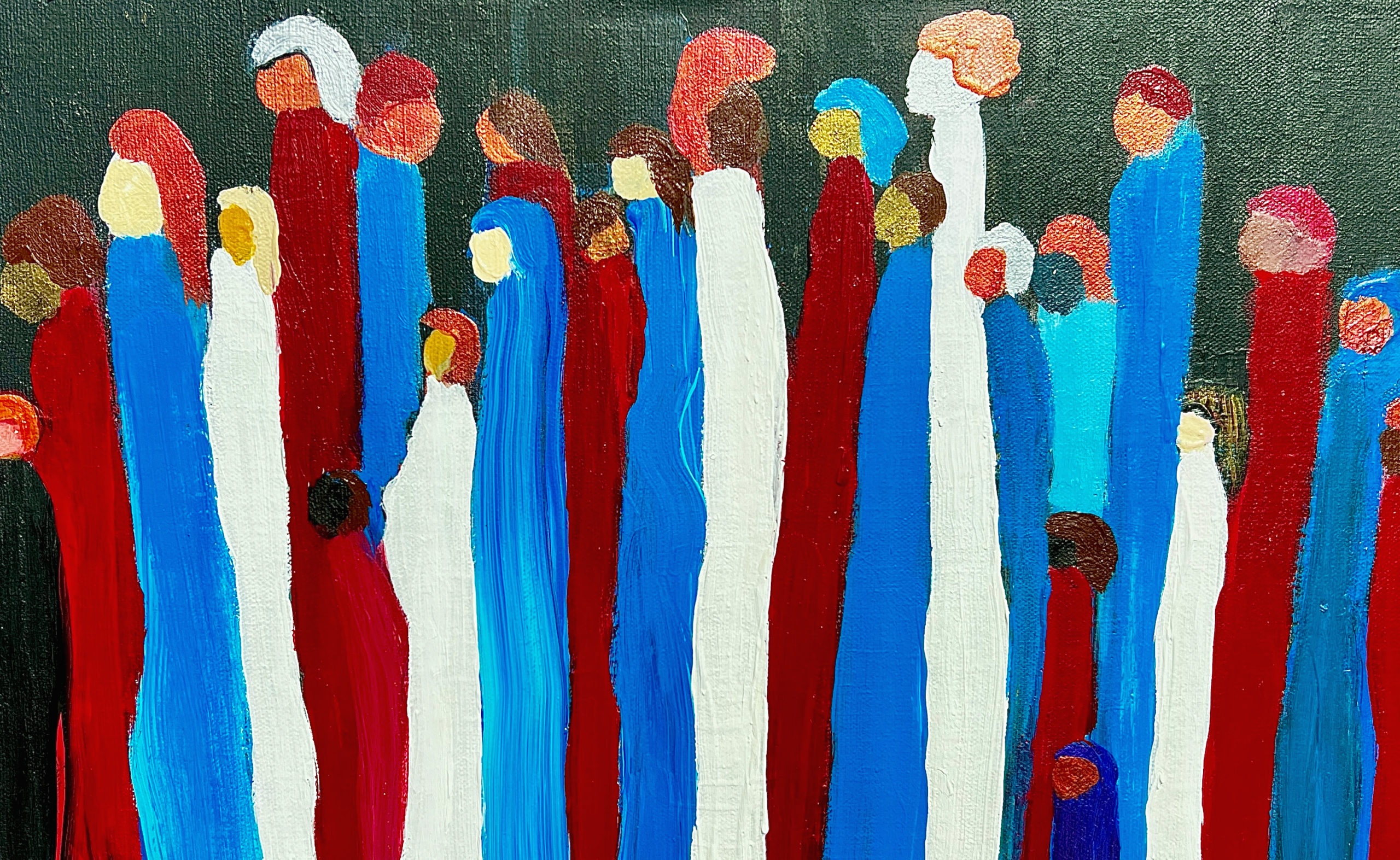Abstract depiction of a diverse group of people who could be at the polls, or simply in a crowd, or celebrating US Independence Day, July 4, Fourth of July, Memorial Day. Colors of the American flag - red, white, blue. Original acrylic painting by Jane Elizabeth.