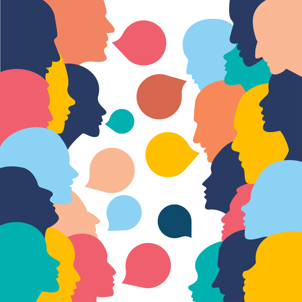 sillhouettes of different colored heads facing each other with speech bubbles in front of their mouths