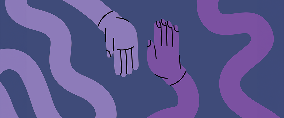 illustration of two purple hands on long squiggly arms with palms out facing each other