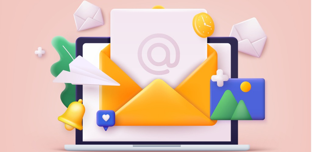 An illustration of an open envelope on top of a laptop surrounded by computer icons