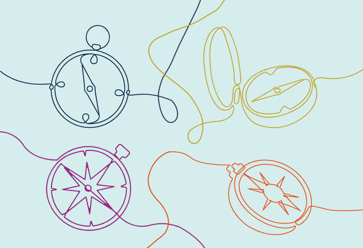 An illustration of four compasses pointed in different directions