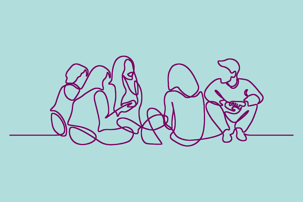 an abstract line drawing of a group of people sitting in a circle and talking