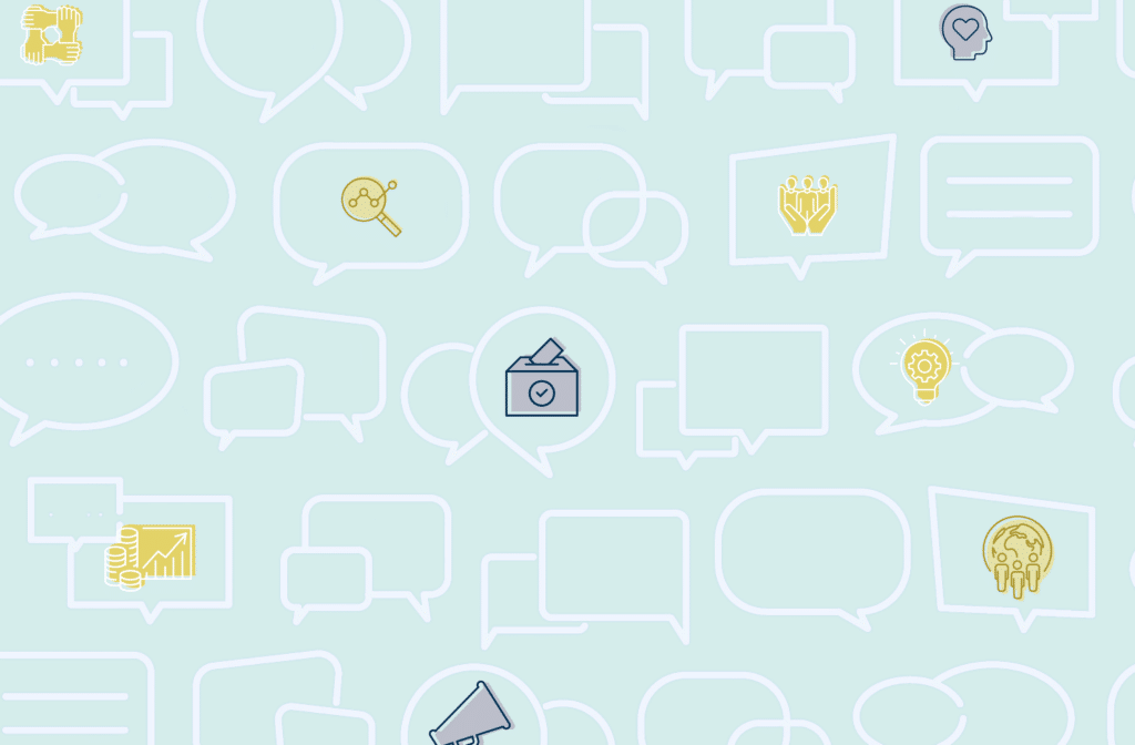 an illustration of thought bubbles that include election-related icons